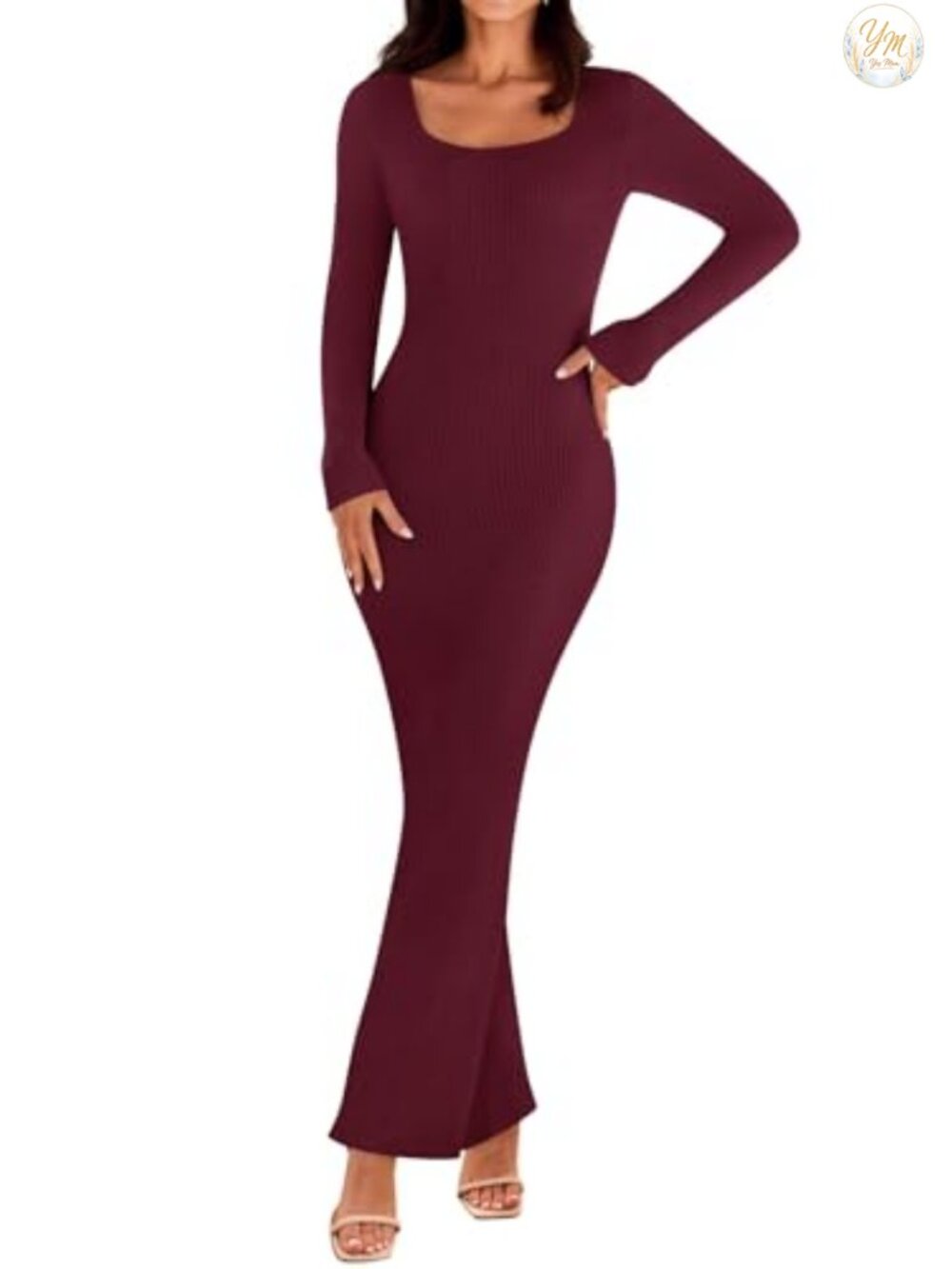 Women's Long Sleeve Bodycon Maxi Ribbed Knit Sweater Dress Square Neck Ankle